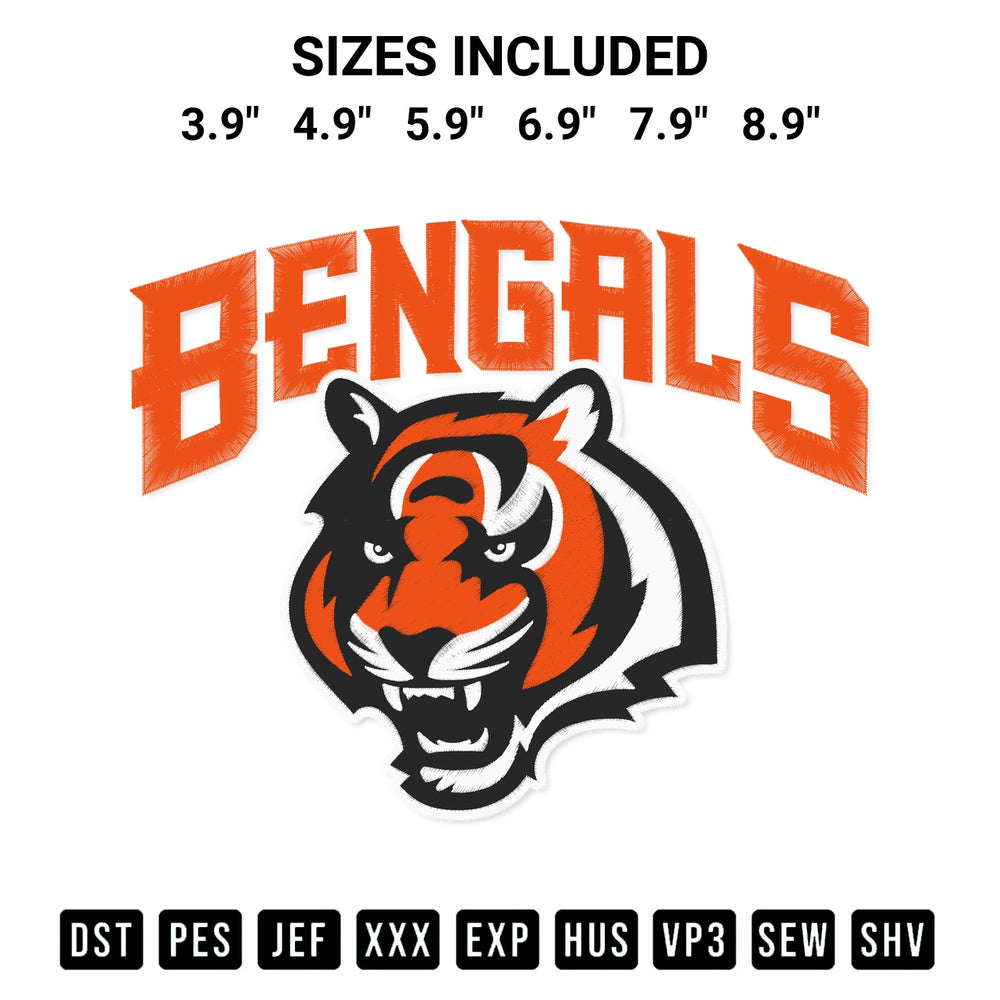 Transform your fabrics with the Cincinnati Bengals Football Embroidery Design embroidery design. Instant access to premium digitized patterns at Designspacks.com. Available sizes: 3.9", 4.9", 5.9", 6.9", 7.9", 8.9".
