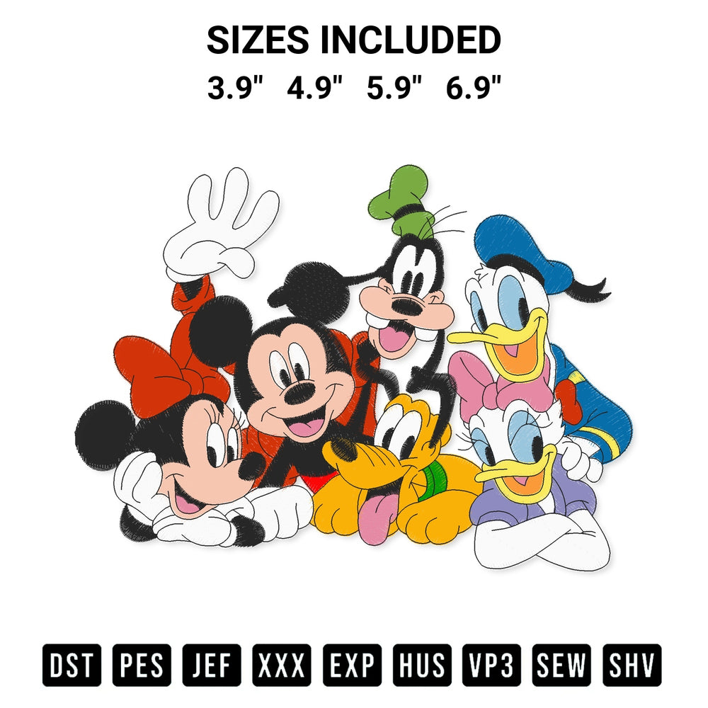Discover the perfect addition to your crafting collection: Mickey Mouse With Friends Embroidery Design embroidery file. Instantly available at Designspacks.com. Available sizes: 3.9", 4.9", 5.9", 6.9".