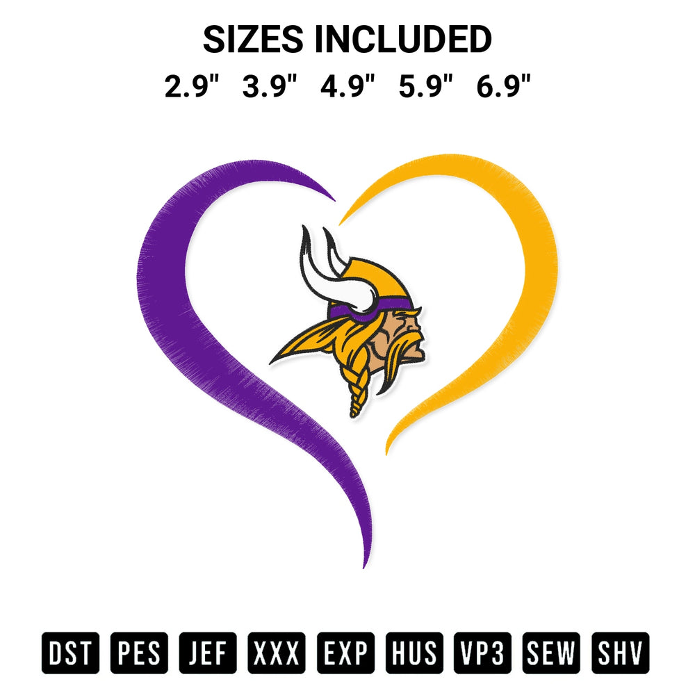 Add a unique touch to your apparel with the Minnesota Vikings Heart Football Embroidery Design embroidery file. Premium instant download available now on Designspacks.com. Available sizes: 2.9", 3.9", 4.9", 5.9", 6.9".