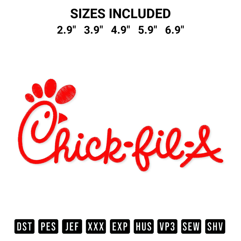 Stitch like a pro with the Chick Fil A Embroidery Design embroidery pattern from Designspacks.com. High-quality digital machine embroidery file. Available sizes: 2.9", 3.9", 4.9", 5.9", 6.9".