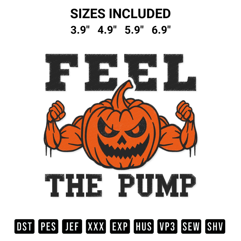 Shop the Feel The Pump Pumpkin Gym Embroidery Design machine embroidery pattern at Designspacks.com. Beautifully digitized for flawless stitching on any fabric. Available sizes: 3.9", 4.9", 5.9", 6.9".