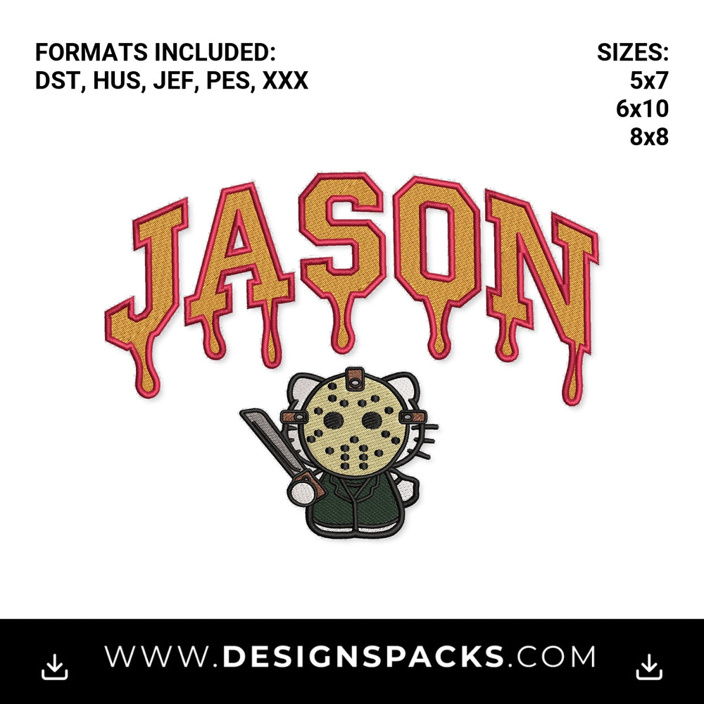 Cute Jason Kitty Horror Dripping Text Embroidery Design - Instant digital download pattern at Designspacks.com