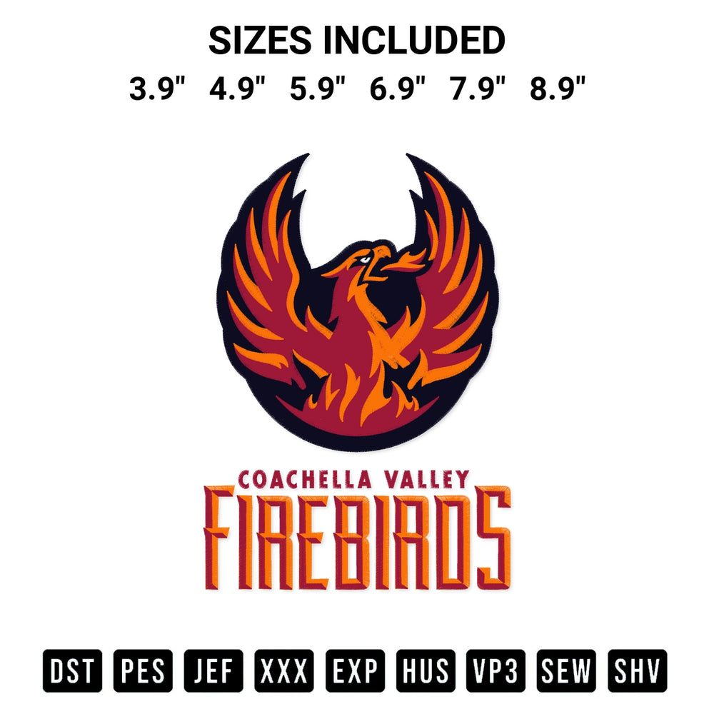 Download the Coachella Valley Firebirds Hockey Team Embroidery Design machine embroidery design exclusively at Designspacks.com. Premium digitized pattern for apparel and DIY crafts. Available sizes: 3.9", 4.9", 5.9", 6.9", 7.9", 8.9".