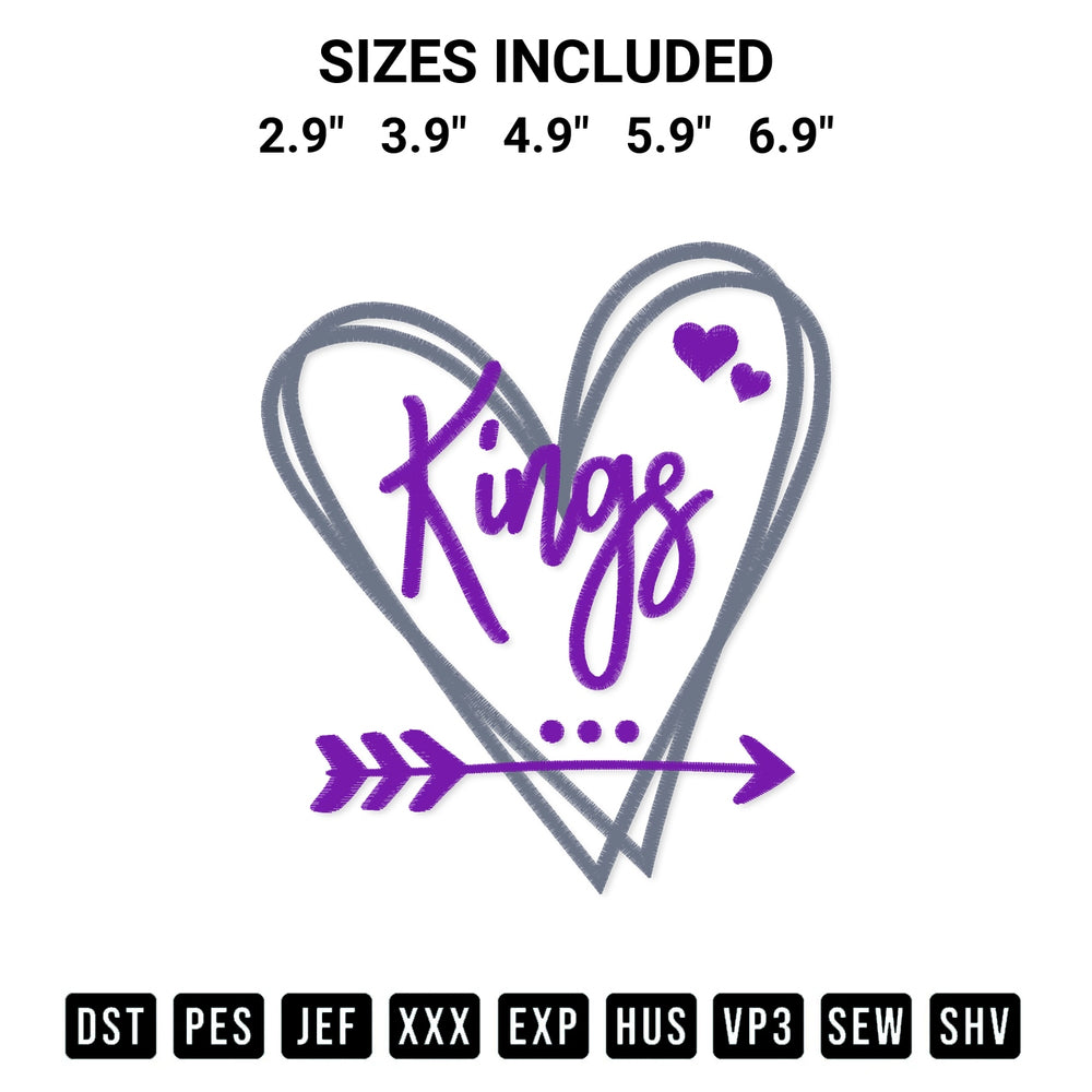 Add a unique touch to your apparel with the Sacramento Kings Heart Embroidery Design embroidery file. Premium instant download available now on Designspacks.com. Available sizes: 2.9", 3.9", 4.9", 5.9", 6.9".