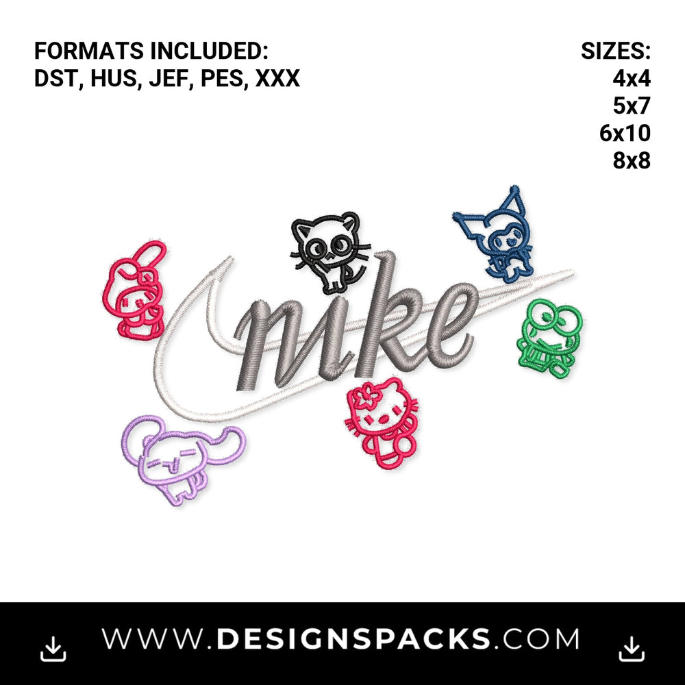 Hello Kitty & Friends Nike Swoosh Embroidery Design - Instant digital download pattern at Designspacks.com