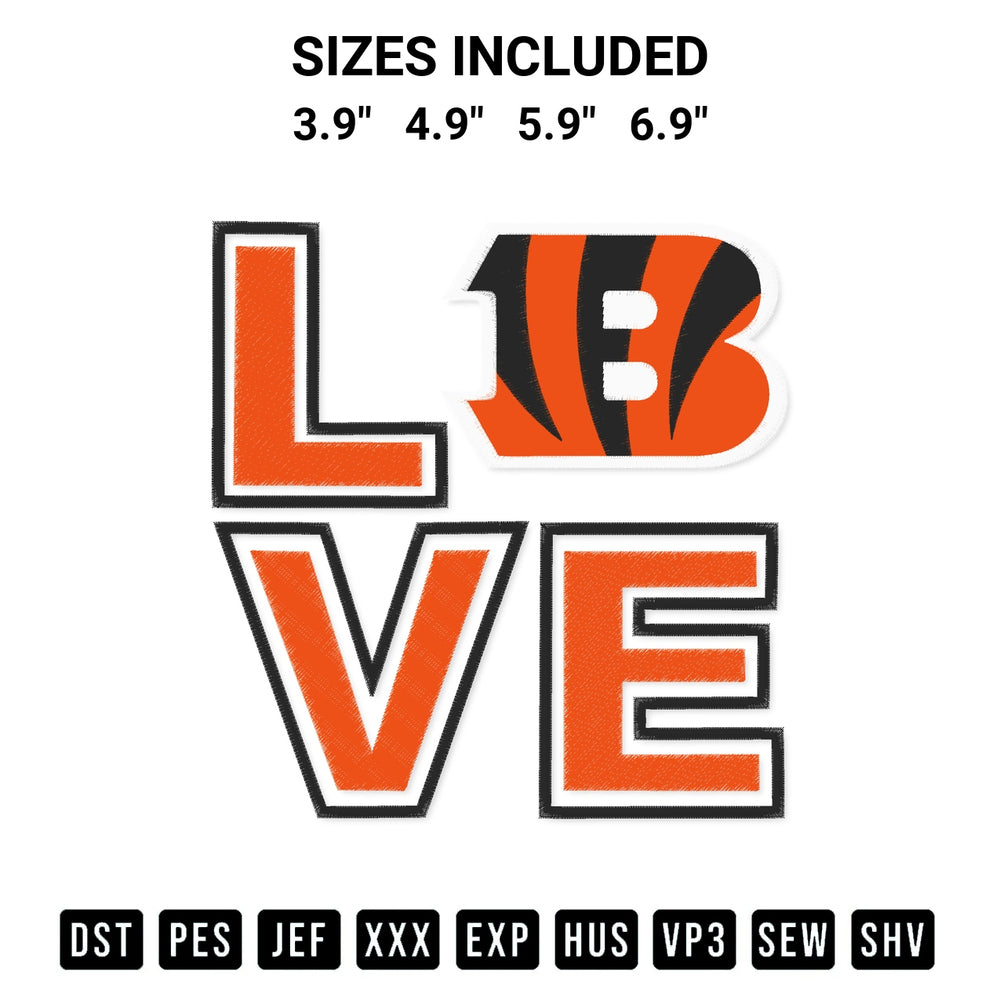 Discover the perfect addition to your crafting collection: Nfl Cincinnati Bengals Love Embroidery Design embroidery file. Instantly available at Designspacks.com. Available sizes: 3.9", 4.9", 5.9", 6.9".