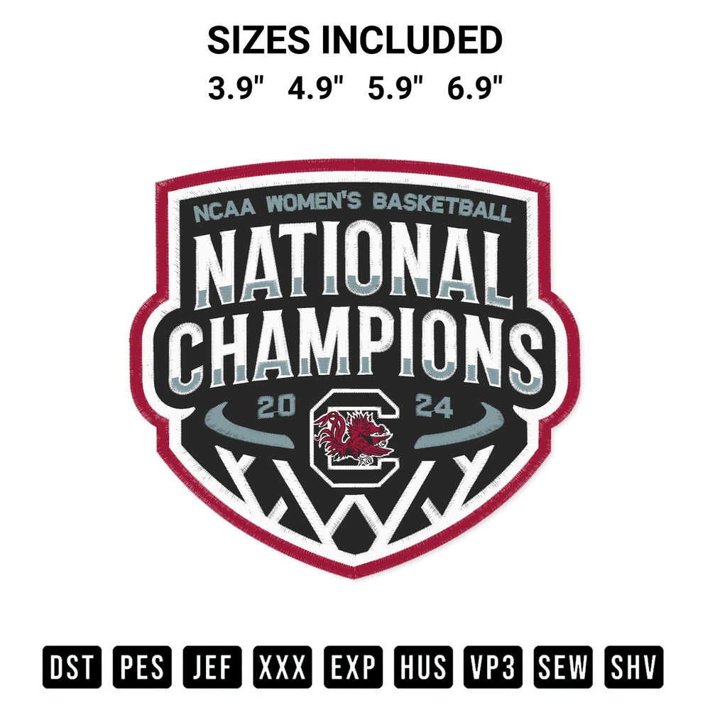Add a unique touch to your apparel with the South Carolina Gamecocks National Champions 2024 Logo Embroidery Design embroidery file. Premium instant download available now on Designspacks.com. Available sizes: 3.9", 4.9", 5.9", 6.9".