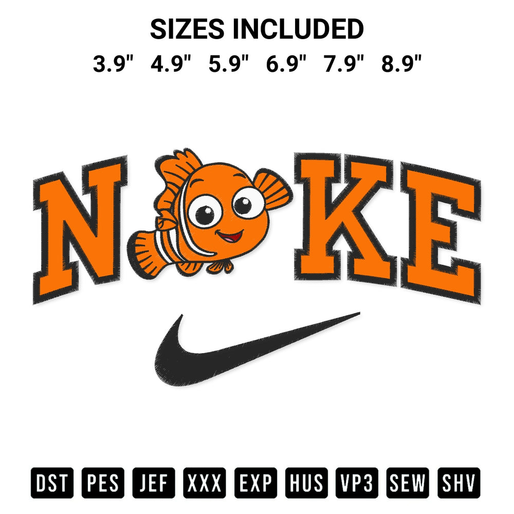 Get the Nike Nemo Finding Embroidery Design embroidery design for your custom crafts! Premium digitized files available for instant download at Designspacks.com. Available sizes: 3.9", 4.9", 5.9", 6.9", 7.9", 8.9".