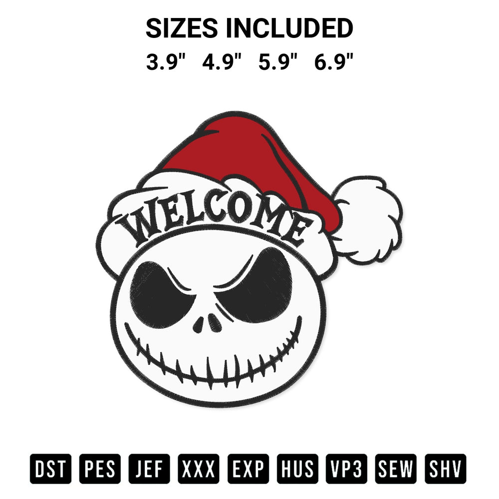 Transform your fabrics with the Jack Skellington Welcome Christmas Embroidery Design embroidery design. Instant access to premium digitized patterns at Designspacks.com. Available sizes: 3.9", 4.9", 5.9", 6.9".