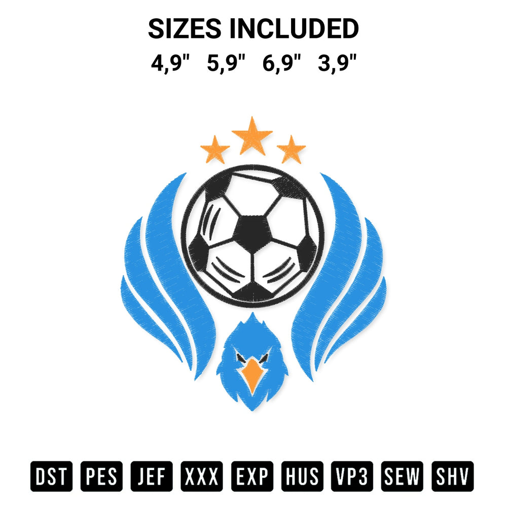 Discover the perfect addition to your crafting collection: Modern Flying Eagle Soccer Logo Embroidery Design embroidery file. Instantly available at Designspacks.com. Available sizes: 4,9", 5,9", 6,9", 3,9".