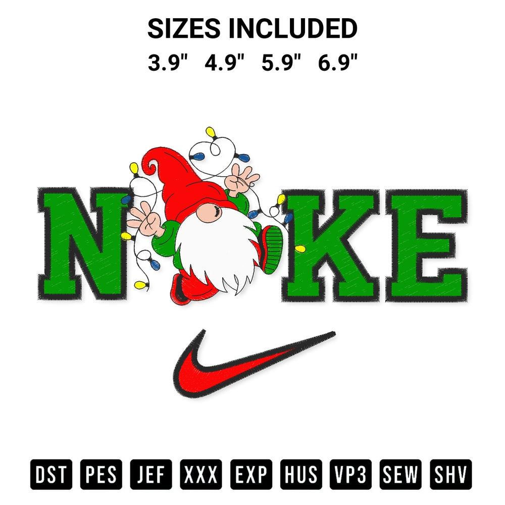 Shop the Christmas Nike Gnome Embroidery Design machine embroidery pattern at Designspacks.com. Beautifully digitized for flawless stitching on any fabric. Available sizes: 3.9", 4.9", 5.9", 6.9".