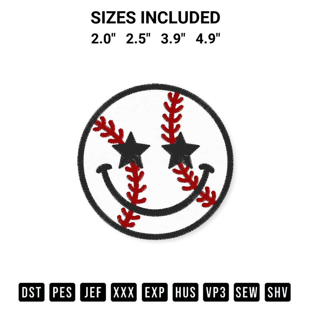 Discover the perfect addition to your crafting collection: Baseball Smile Face Embroidery Design embroidery file. Instantly available at Designspacks.com. Available sizes: 2.0", 2.5", 3.9", 4.9".