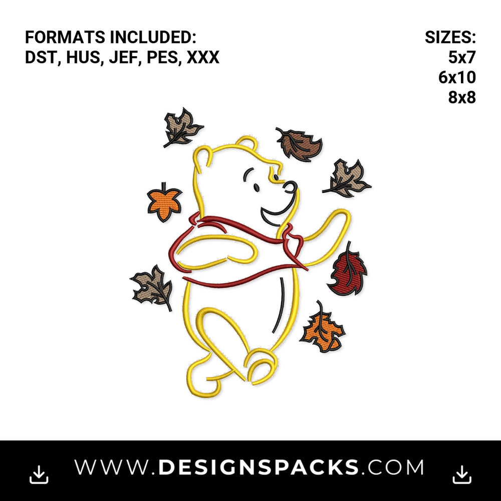 Pooh Bear Catching Autumn Leaves Embroidery Design - Instant digital download pattern at Designspacks.com