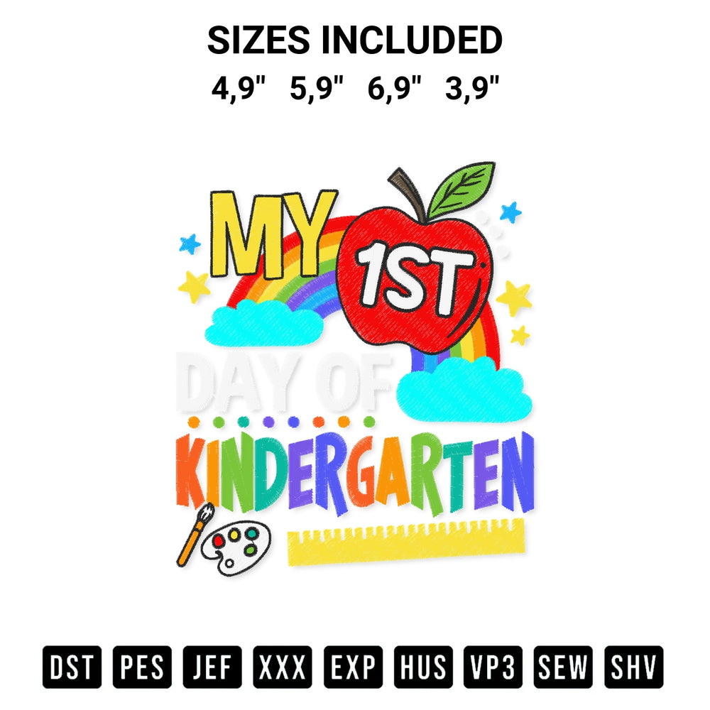 Shop the Teacher My First Day Of Kindergarten Funny Colorful Rainbow Logo Embroidery Design machine embroidery pattern at Designspacks.com. Beautifully digitized for flawless stitching on any fabric. Available sizes: 4,9", 5,9", 6,9", 3,9".