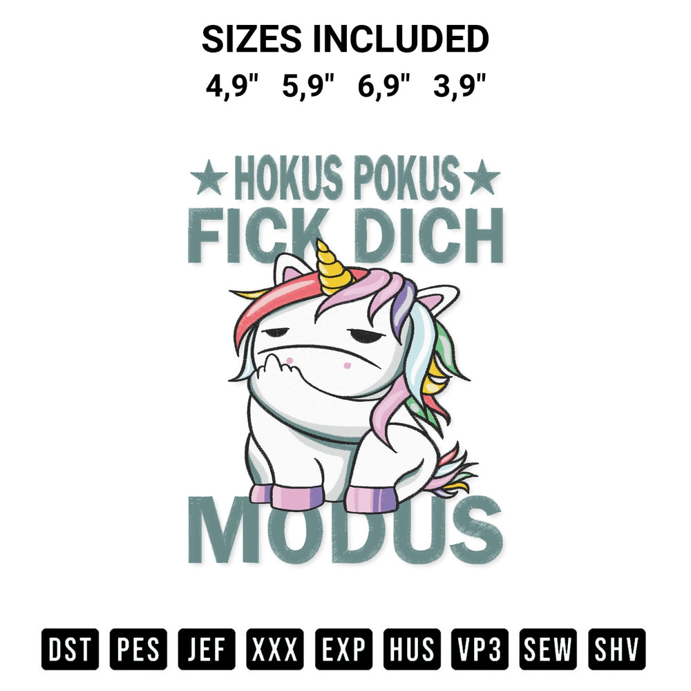 Add a unique touch to your apparel with the Unicorn Hocus Pocus Fuck You Mode Funny Quote Unicorn Lovers Logo Embroidery Design embroidery file. Premium instant download available now on Designspacks.com. Available sizes: 4,9", 5,9", 6,9", 3,9".
