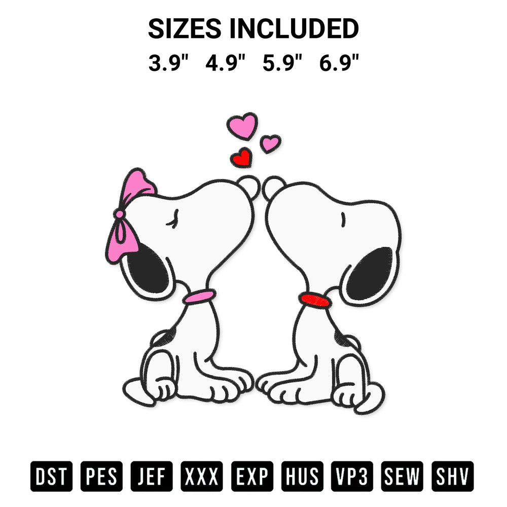 Stitch like a pro with the Cute Kissing Snoopy Valentine Embroidery Design embroidery pattern from Designspacks.com. High-quality digital machine embroidery file. Available sizes: 3.9", 4.9", 5.9", 6.9".