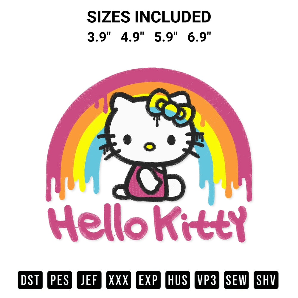Shop the Hello Kitty Rainbow Drip Embroidery Design machine embroidery pattern at Designspacks.com. Beautifully digitized for flawless stitching on any fabric. Available sizes: 3.9", 4.9", 5.9", 6.9".