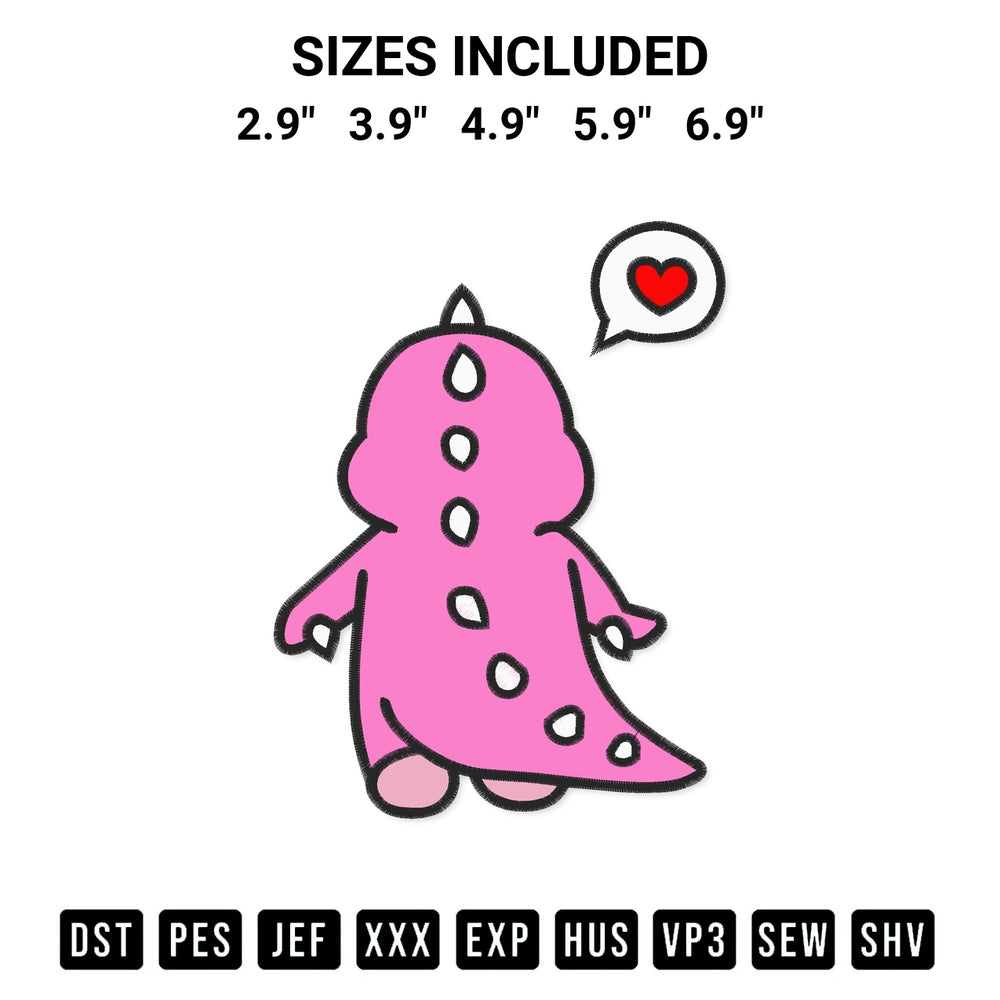 Transform your fabrics with the Pink Dinosaurs Cute Embroidery Design embroidery design. Instant access to premium digitized patterns at Designspacks.com. Available sizes: 2.9", 3.9", 4.9", 5.9", 6.9".
