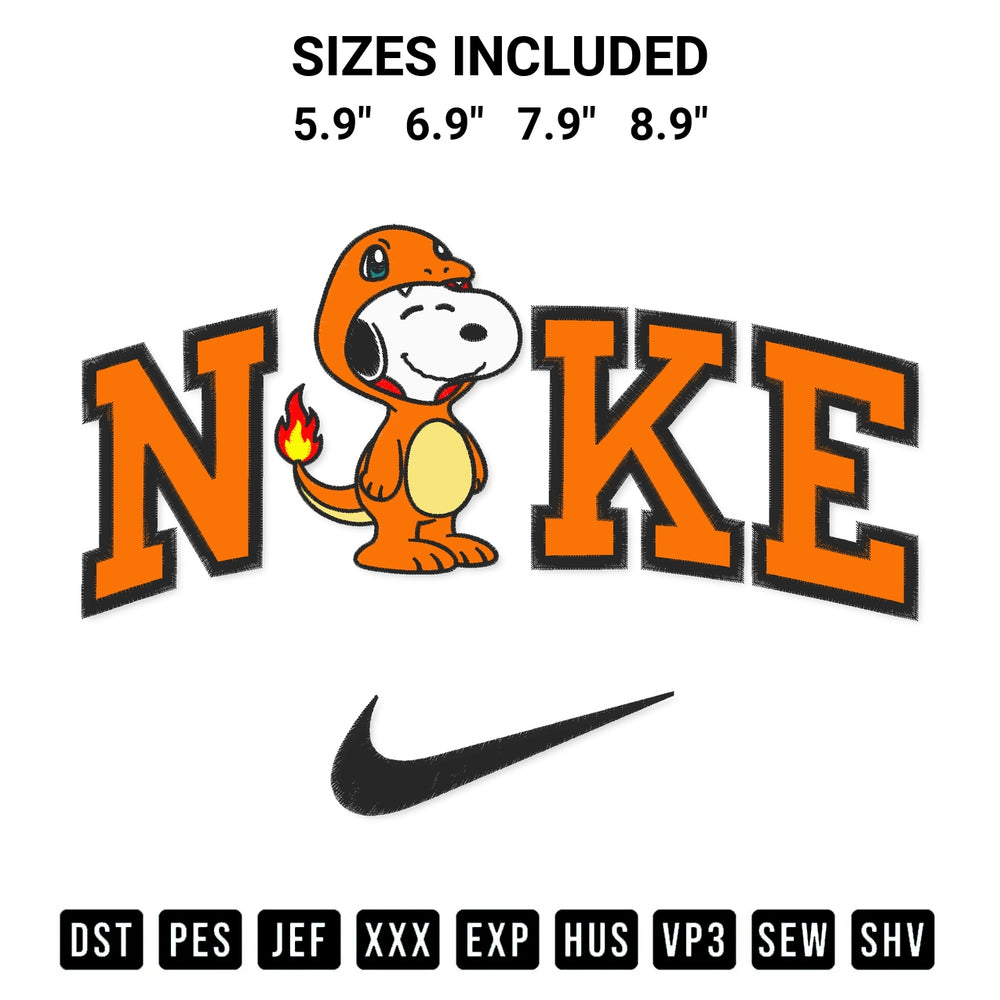 Stitch like a pro with the Snoopy Charmander X Nike Embroidery Design embroidery pattern from Designspacks.com. High-quality digital machine embroidery file. Available sizes: 5.9", 6.9", 7.9", 8.9".