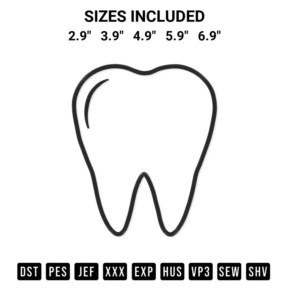 Discover the perfect addition to your crafting collection: Outline A Tooth Embroidery Design embroidery file. Instantly available at Designspacks.com. Available sizes: 2.9", 3.9", 4.9", 5.9", 6.9".