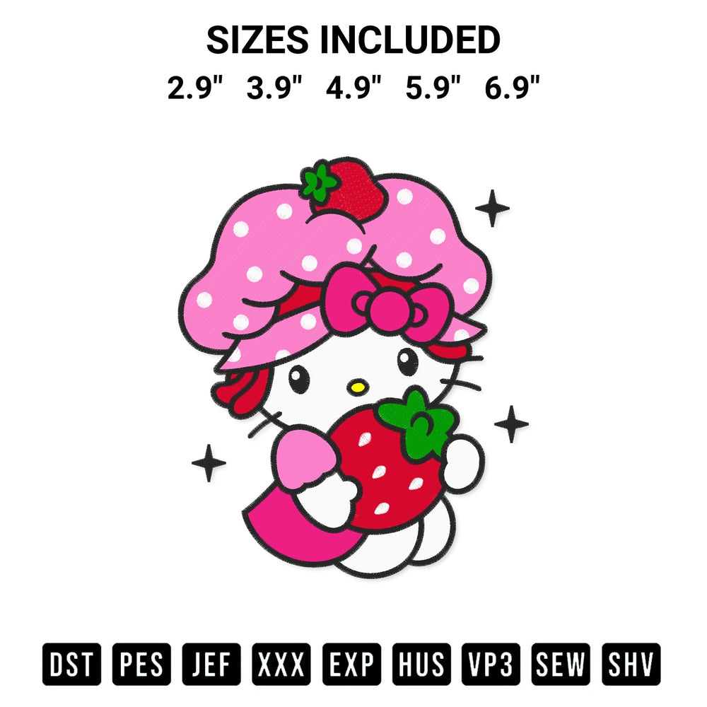Create amazing crafts with the Strawberry Shortcake Hello Kitty Embroidery Design embroidery file. High-quality digital download from Designspacks.com, perfect for beginners and pros. Available sizes: 2.9", 3.9", 4.9", 5.9", 6.9".