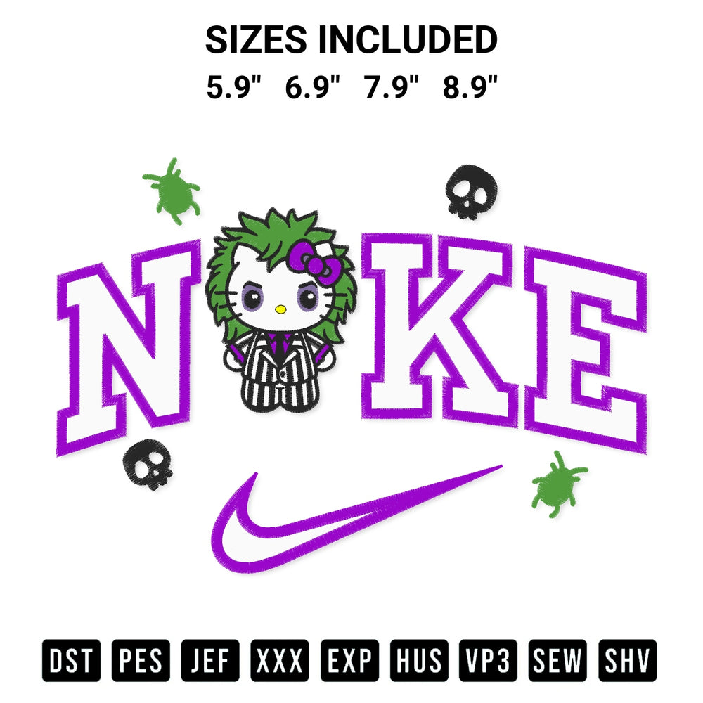 Shop the Hello Kitty Beetlejuice X Nike Embroidery Design machine embroidery pattern at Designspacks.com. Beautifully digitized for flawless stitching on any fabric. Available sizes: 5.9", 6.9", 7.9", 8.9".