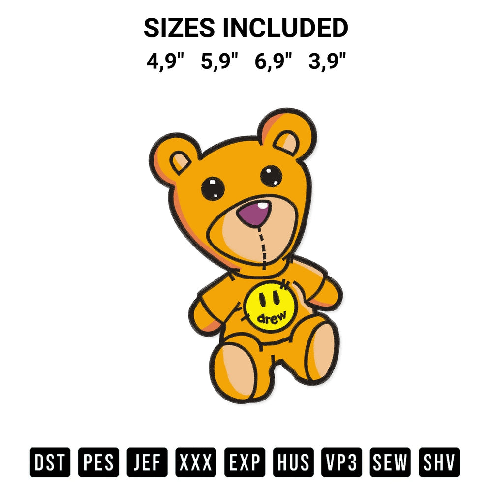 Transform your fabrics with the Drew Teddy Bear Logo Embroidery Design embroidery design. Instant access to premium digitized patterns at Designspacks.com. Available sizes: 4,9", 5,9", 6,9", 3,9".