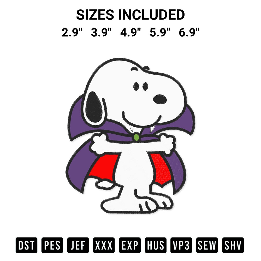 Looking for the perfect pattern? Download the Snoopy Vampire Embroidery Design embroidery design today at Designspacks.com. Crisp, clean stitching guaranteed. Available sizes: 2.9", 3.9", 4.9", 5.9", 6.9".