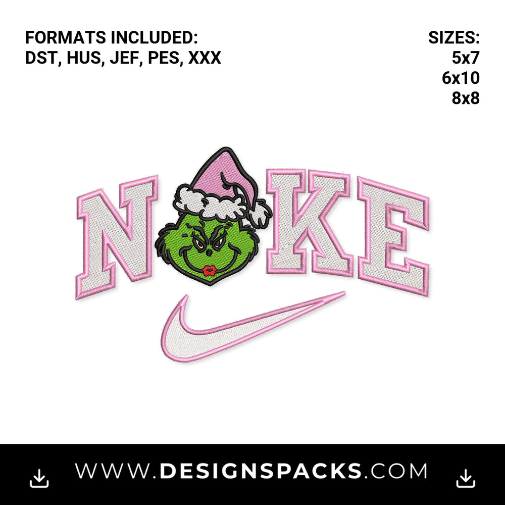 Pink Christmas Grinch Nike Swoosh Embroidery Design - Instant digital download pattern at Designspacks.com