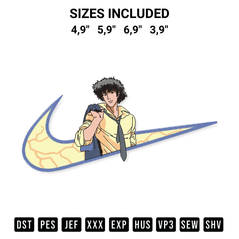 Discover the perfect addition to your crafting collection: Nike Spike Spiegel Cowboy Bebop Logo Embroidery Design embroidery file. Instantly available at Designspacks.com. Available sizes: 4,9", 5,9", 6,9", 3,9".