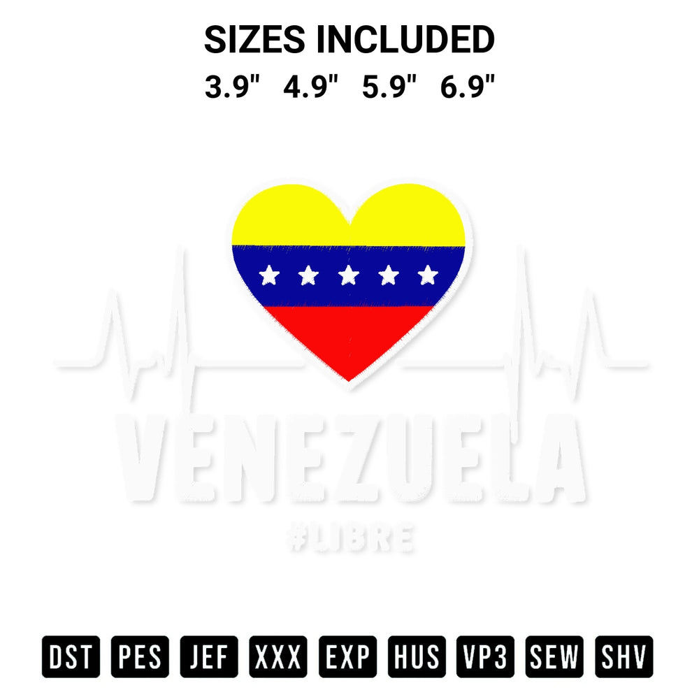 Stitch like a pro with the Venezuelan Flag Heartbeat Embroidery Design embroidery pattern from Designspacks.com. High-quality digital machine embroidery file. Available sizes: 3.9", 4.9", 5.9", 6.9".
