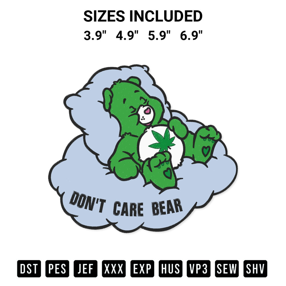Shop the Dont Care Bear Weed Embroidery Design machine embroidery pattern at Designspacks.com. Beautifully digitized for flawless stitching on any fabric. Available sizes: 3.9", 4.9", 5.9", 6.9".