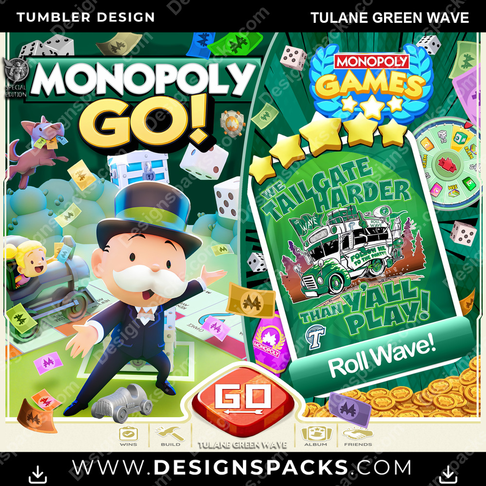College Sport Monopoly Go! Tulane Green Wave NCAA College Sport Tumbler Digital Wrap Design Download