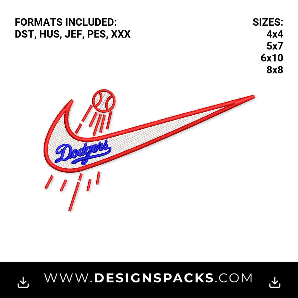 LA Dodgers Swoosh Baseball Logo Embroidery Design - Instant digital download pattern at Designspacks.com