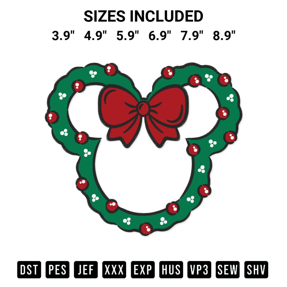 Create amazing crafts with the Mickey Head Wreath Christmas Embroidery Design embroidery file. High-quality digital download from Designspacks.com, perfect for beginners and pros. Available sizes: 3.9", 4.9", 5.9", 6.9", 7.9", 8.9".