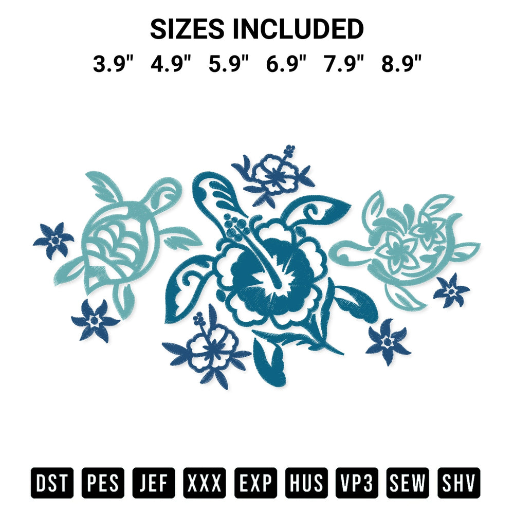 Shop the Turtle Trio With Flower Shells Embroidery Design machine embroidery pattern at Designspacks.com. Beautifully digitized for flawless stitching on any fabric. Available sizes: 3.9", 4.9", 5.9", 6.9", 7.9", 8.9".