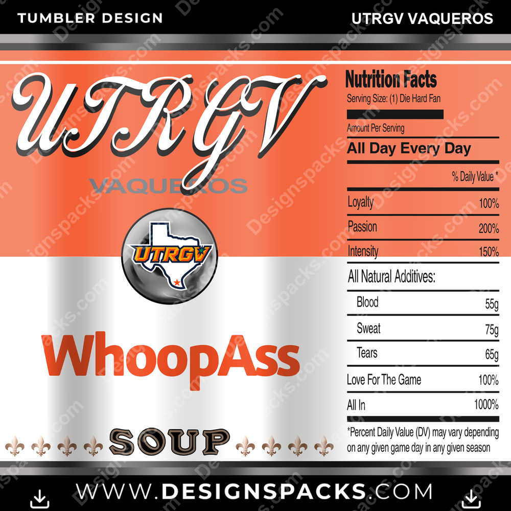 College Sport Soup Can UTRGV Vaqueros Tumbler Digital Wrap Design