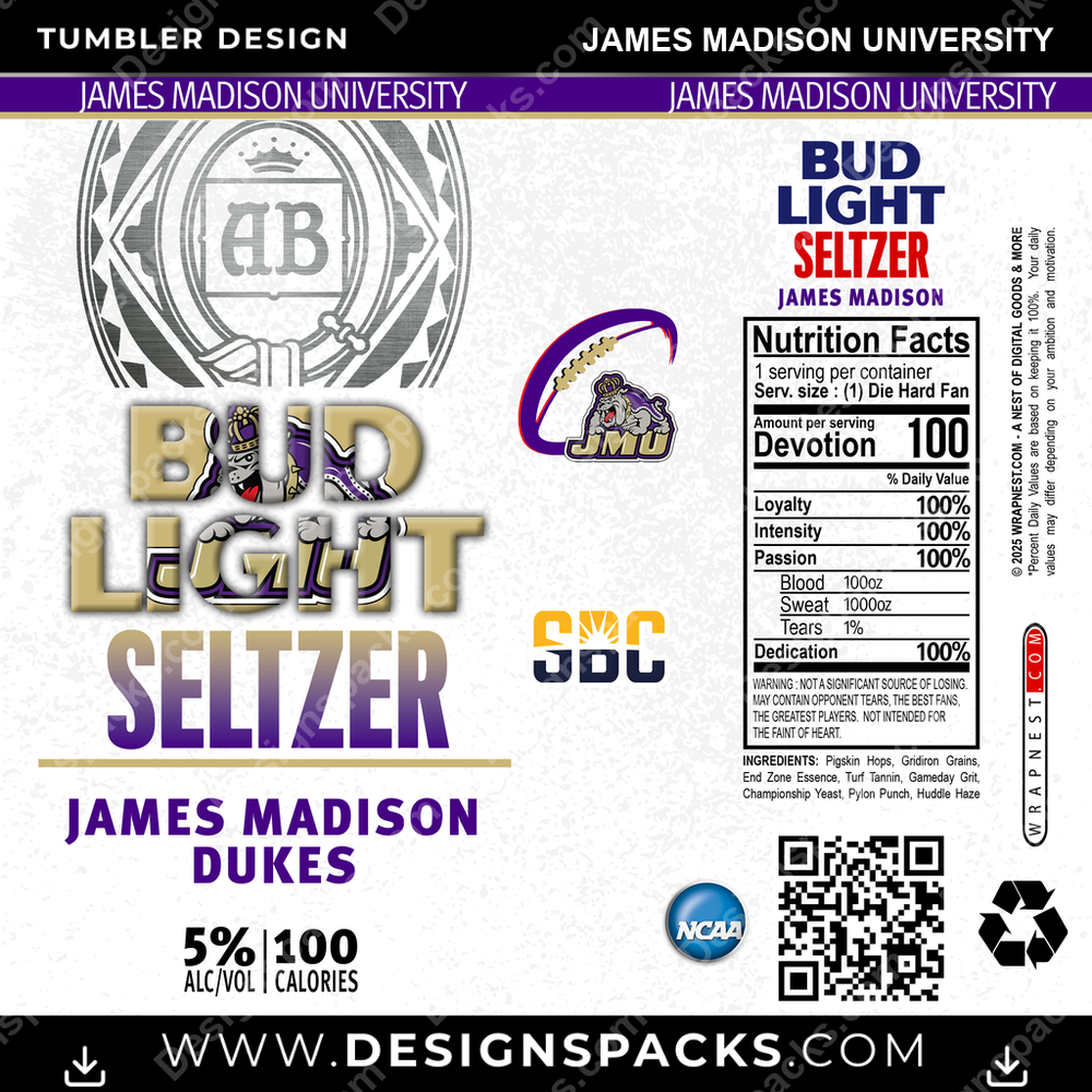 College Sport Bud Light Seltzer James Madison University NCAA College Sport Tumbler Digital Wrap Design Download