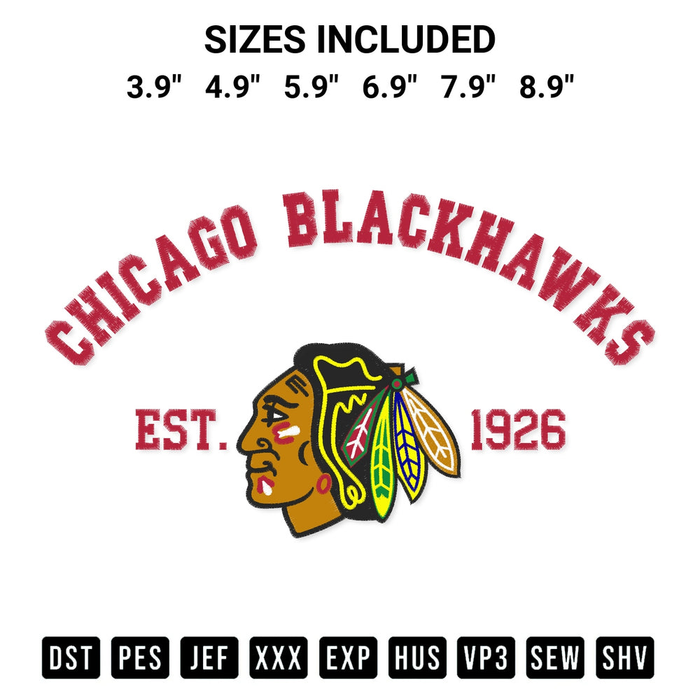 Discover the perfect addition to your crafting collection: Chicago Blackhawks Est 1926 Embroidery Design embroidery file. Instantly available at Designspacks.com. Available sizes: 3.9", 4.9", 5.9", 6.9", 7.9", 8.9".