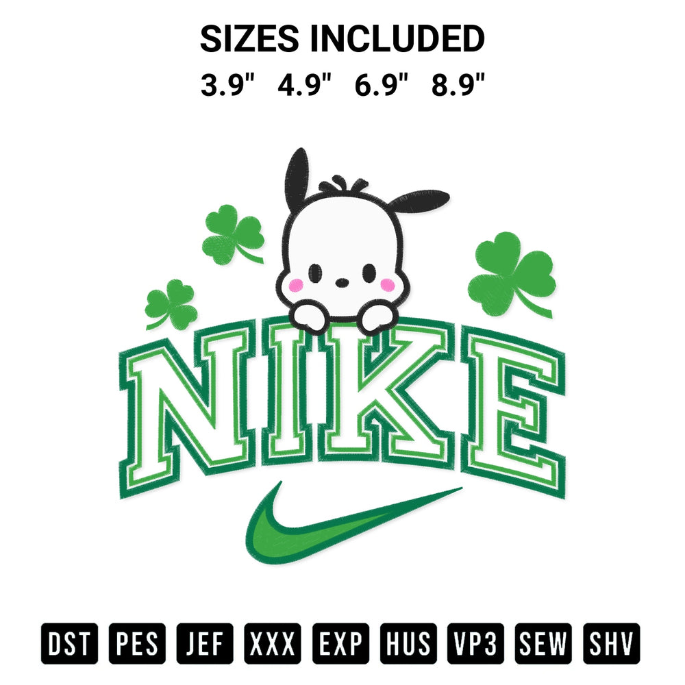 Download the Pochacco St Patricks Day X Nike Embroidery Design machine embroidery design exclusively at Designspacks.com. Premium digitized pattern for apparel and DIY crafts. Available sizes: 3.9", 4.9", 6.9", 8.9".