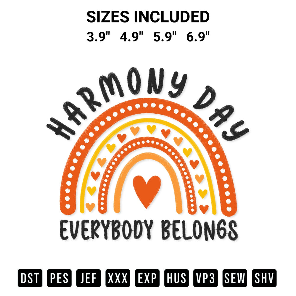 Create amazing crafts with the Harmony Day Everybody Belongs Embroidery Design embroidery file. High-quality digital download from Designspacks.com, perfect for beginners and pros. Available sizes: 3.9", 4.9", 5.9", 6.9".