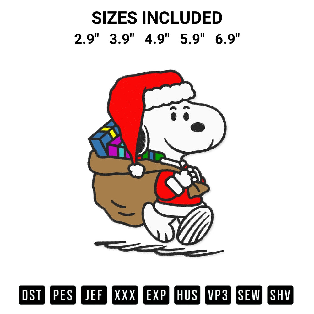 Add a unique touch to your apparel with the Santa Snoopy With Gift Bag Embroidery Design embroidery file. Premium instant download available now on Designspacks.com. Available sizes: 2.9", 3.9", 4.9", 5.9", 6.9".