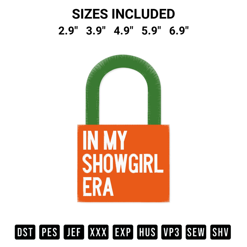 Transform your fabrics with the In My Showgirl Era Lock Embroidery Design embroidery design. Instant access to premium digitized patterns at Designspacks.com. Available sizes: 2.9", 3.9", 4.9", 5.9", 6.9".
