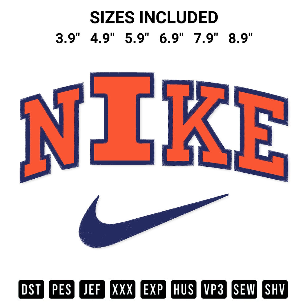 Create amazing crafts with the Nike Illinois Fighting Illini Embroidery Design embroidery file. High-quality digital download from Designspacks.com, perfect for beginners and pros. Available sizes: 3.9", 4.9", 5.9", 6.9", 7.9", 8.9".