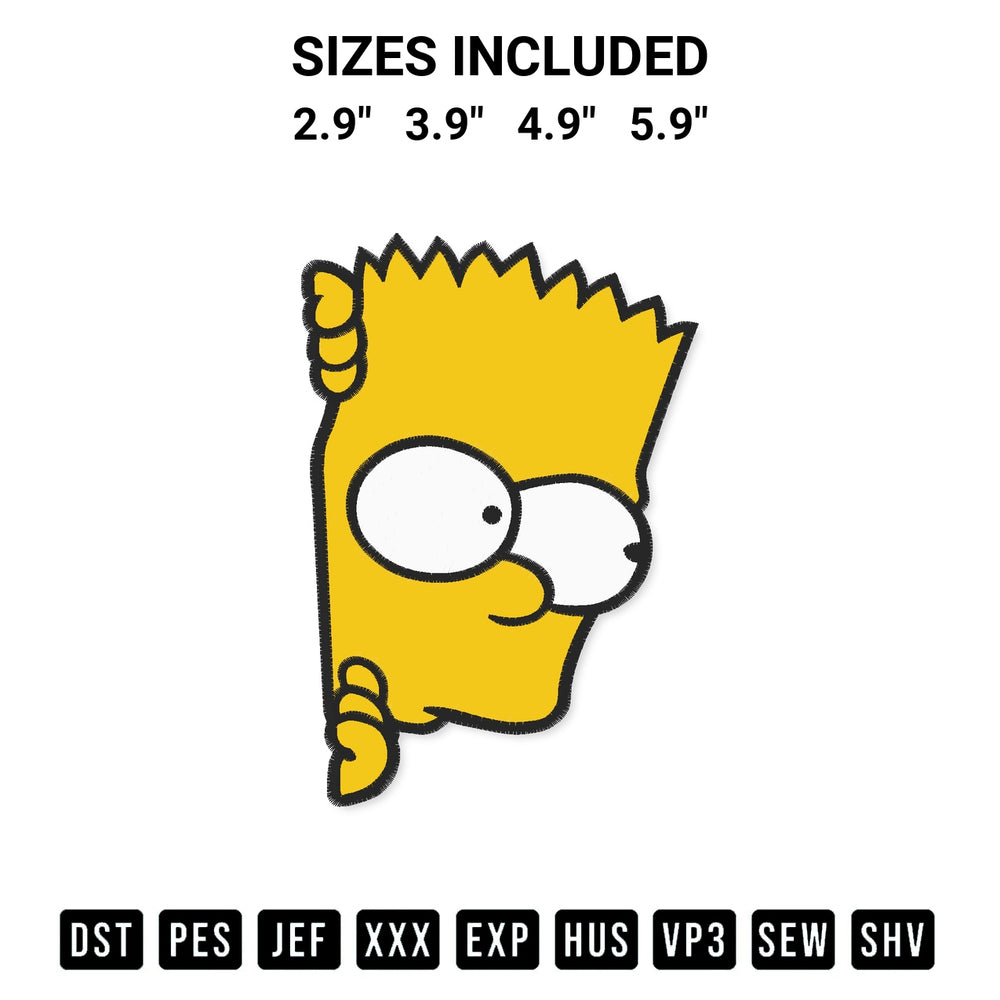 Discover the perfect addition to your crafting collection: Bart Simpson Peeking Embroidery Design embroidery file. Instantly available at Designspacks.com. Available sizes: 2.9", 3.9", 4.9", 5.9".