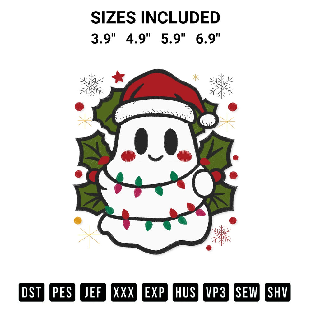Discover the perfect addition to your crafting collection: Christmas Ghost Santa Lights Embroidery Design embroidery file. Instantly available at Designspacks.com. Available sizes: 3.9", 4.9", 5.9", 6.9".