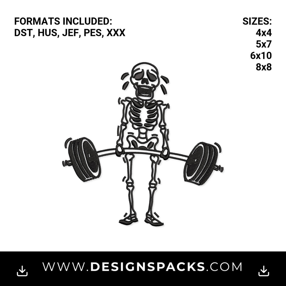 Funny Deadlifting Skeleton Embroidery Design - Instant digital download pattern at Designspacks.com