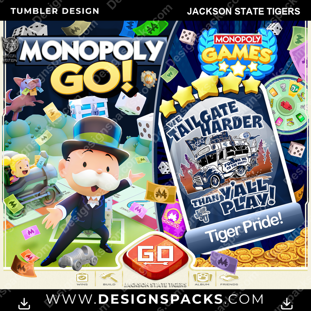 College Sport Monopoly Go! Jackson State Tigers NCAA College Sport Tumbler Digital Wrap Design Download