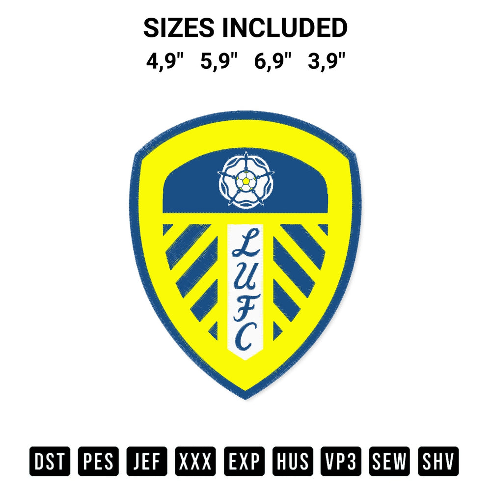 Looking for the perfect pattern? Download the Leeds United Fc Logo Embroidery Design embroidery design today at Designspacks.com. Crisp, clean stitching guaranteed. Available sizes: 4,9", 5,9", 6,9", 3,9".