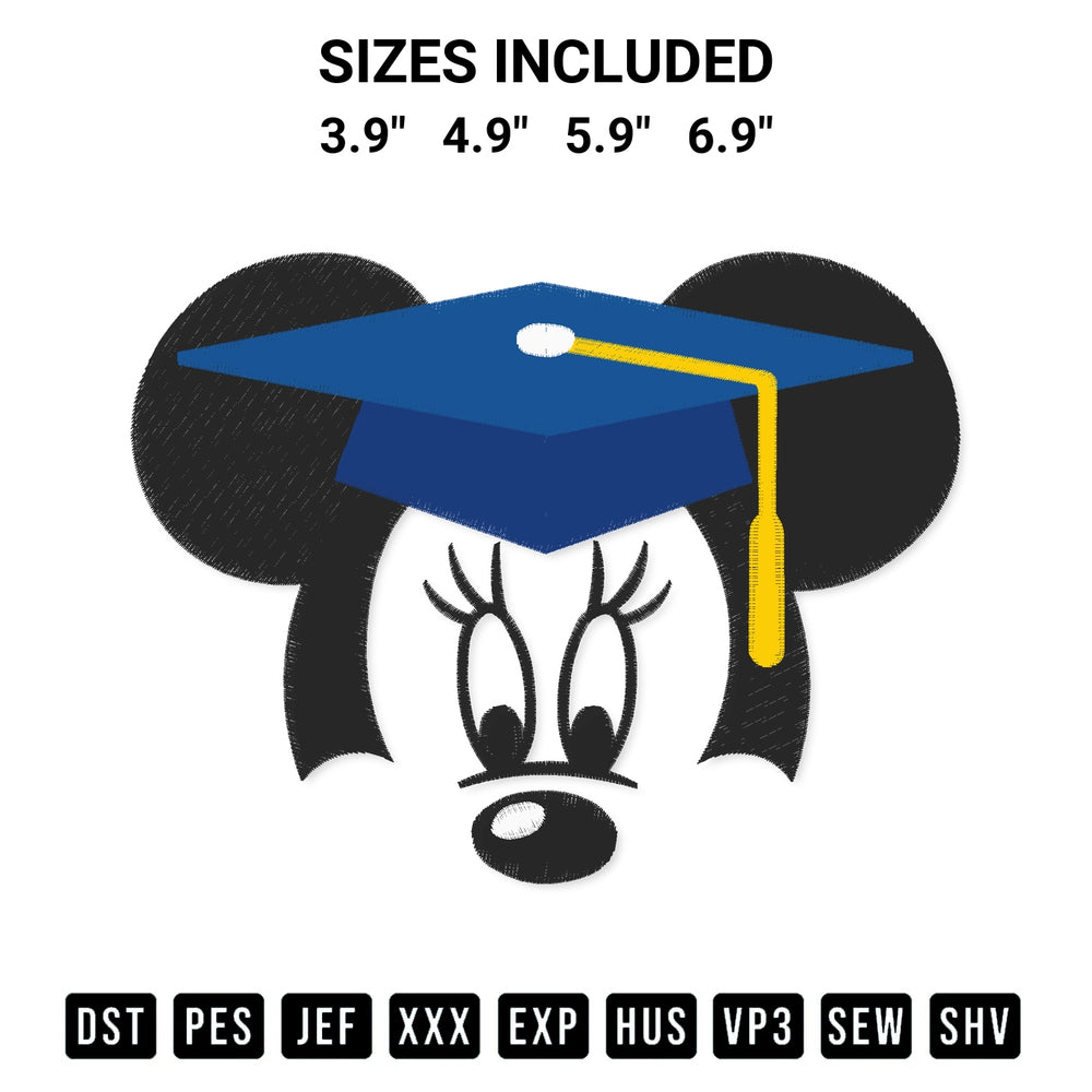 Looking for the perfect pattern? Download the Graduation Minnie Head Embroidery Design embroidery design today at Designspacks.com. Crisp, clean stitching guaranteed. Available sizes: 3.9", 4.9", 5.9", 6.9".